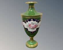 A Royal Crown Derby green and gilt urn-shaped vase, height 20cm,