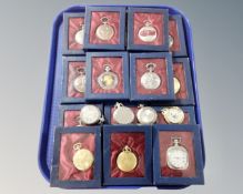 A tray of approximately 20 mostly boxed modern pocket watches.
