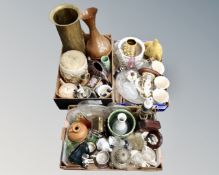 Three boxes containing hand drum, brass stick pot, oversized copper jug, Sylvac vase,
