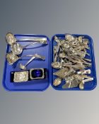 Two trays of assorted EPNS table cutlery, salts,