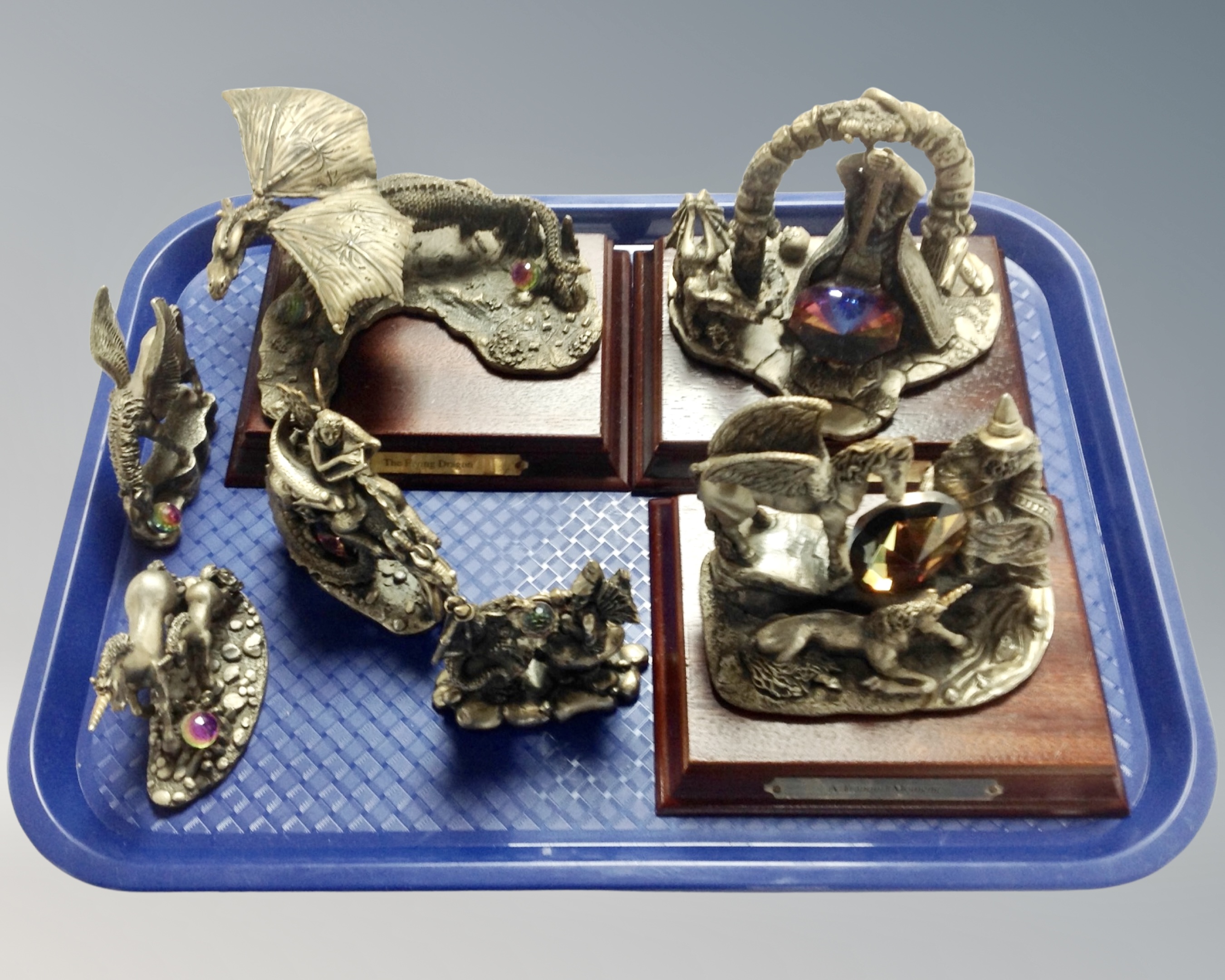 A tray of seven cast pewter Myth and Magic figures,