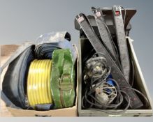 Two boxes of hose, fire hoses, petrol can, inspection lamp,