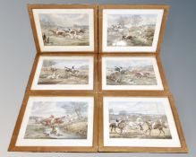 A set of six Henry Alken hand-coloured engraving depicting steeple chase scenes in gilt frames