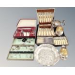 A tray of five cutlery sets in cases to include pickle forks, cake forks, fish cutlery,