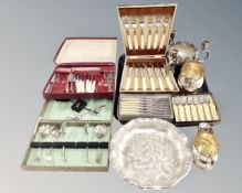 A tray of five cutlery sets in cases to include pickle forks, cake forks, fish cutlery,