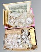 A box containing cased cutlery, a large quantity of assorted glassware, prints, wooden table box.