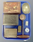 A tray containing trinket boxes including Japanese Meiji period lacquered example, metal snuff box,