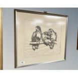 Continental School : Budgies, monochrome print, indistinctly signed in pencil, 42cm by 36cm.