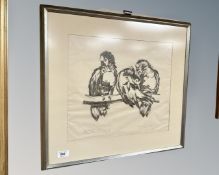 Continental School : Budgies, monochrome print, indistinctly signed in pencil, 42cm by 36cm.