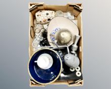 A box containing assorted ceramics, plated wares, glass table lamp etc.