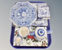 A tray containing a Ringtons blue and white tea for one, boxed Portmeirion salad servers,
