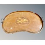 A Victorian mahogany marquetry inlaid kidney shaped serving tray