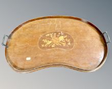 A Victorian mahogany marquetry inlaid kidney shaped serving tray