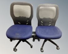 A pair of office typist chairs in black and blue mesh fabric