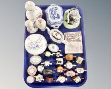 A tray containing assorted ceramics including Norman Thelwell figure,