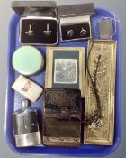 A tray containing cufflinks, a brass embossed pen tray, hip flask, dressing table pot,