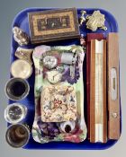 A tray containing wooden spirit level and folding rule, Maling lustre dishes, Smiths pocket watch,