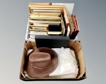 Two boxes of linens, boxed woolen scarf, picture frames, together with Wrangler hat,