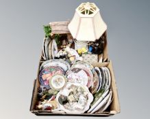Two boxes containing assorted ceramics including Art Deco style figures, wall and cabinet plates,