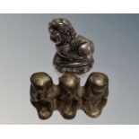 A brass figure of three monkeys and a silver plated lion.