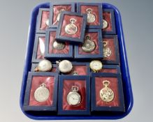 A tray of approximately 20 mostly boxed modern pocket watches.