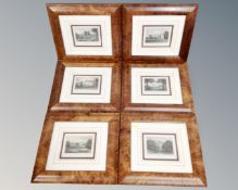 A set of six monochrome etchings depicting Durham castles and halls in walnut frames and mounts.