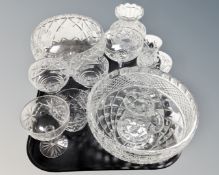 A tray of 20th century lead crystal including two fruit bowls, vase, champagne glasses etc.