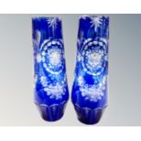 A pair of Bohemian blue glass overlay vases