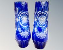 A pair of Bohemian blue glass overlay vases