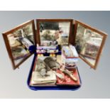 A tray of miscellany to include vintage postcards, antique triptych mirror, tins to include Butlins,