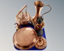 A tray of assorted copper wares to include Victorian copper kettle together with an oil lamp with