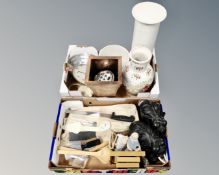 Two boxes of assorted ceramics to include planters and vases, carved hardwood elephants,