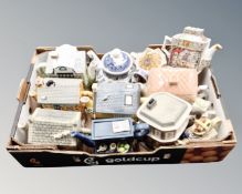 A box containing a quantity of novelty teapots including Sadler, Annie Rowe, Eastenders, Emmerdale,