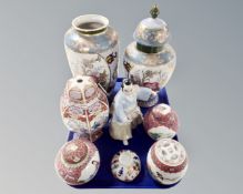 A tray of 20th century Oriental export porcelain including lidded ginger jars, Samurai figure,