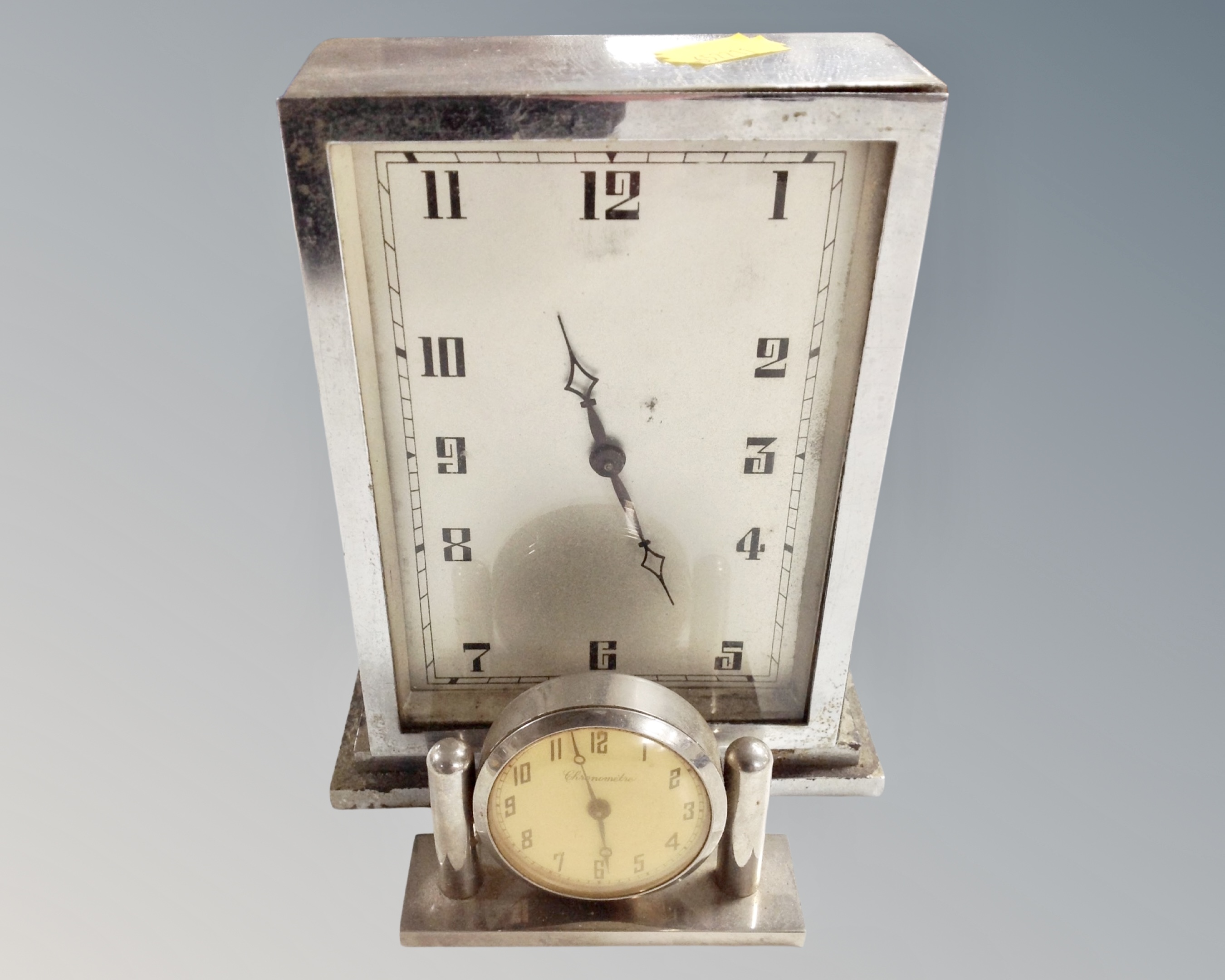 A chrome cased Art Deco desk clock (height 15cm) together with a further chrome cased Chronometre