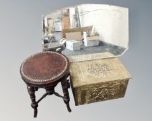 A brass embossed slipper box together with an etched frameless bevel edged mirror and an antique