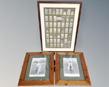 A set of Wills cricketer cigarette cards in frame together with two further pictures