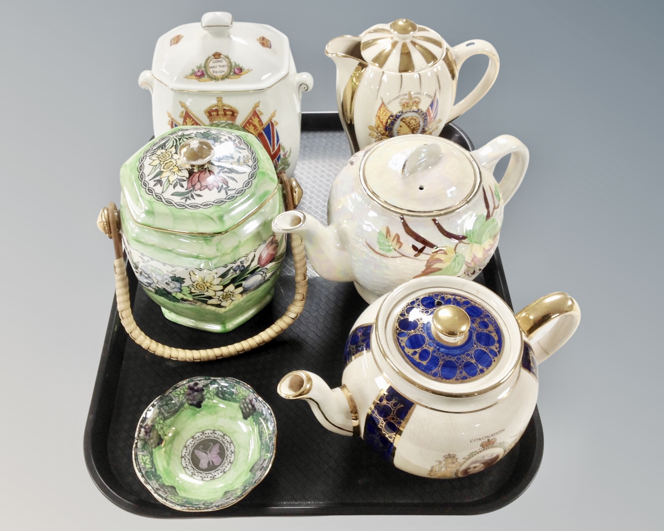 A tray of Ringtons and Maling teapots, caddies and shallow dish,