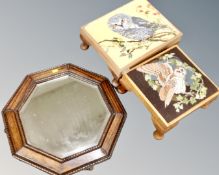 An Edwardian bevel edged mirror in octagonal beaded frame together with two tapestry upholstered