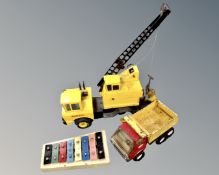 Two vintage Tonka tin plate vehicles, dumper truck and crane,