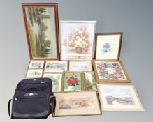 Two Samsonite bags together with a quantity of assorted pictures and prints including oils on