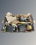 A box containing pewter ware, plated wares, cocktail shakers candlestick, hand bell etc.