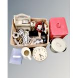 A box containing Metamech quartz wall clock, silver plated, cutlery, painted wooden spice rack,