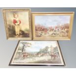 Two gilt framed fox hunting prints together with a further gilt framed portrait print of a boy with