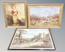 Two gilt framed fox hunting prints together with a further gilt framed portrait print of a boy with