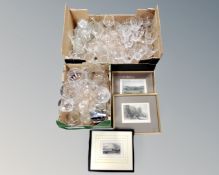 Two boxes containing 20th century drinking glasses, three 19th century hand-coloured engravings.