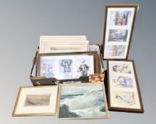 A box of assorted pictures and prints, 19th century hand coloured engraving of Cullercoats,