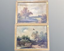 Two antiquarian gilt framed oil paintings depicting figures in rural landscapes, signed L.