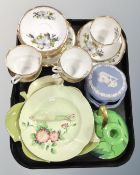 A tray containing Clare part tea set, Wedgwood blue jasperware lidded dish,