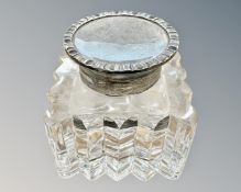 A cut crystal silver lidded inkwell, Birmingham 1912, height 7cm.